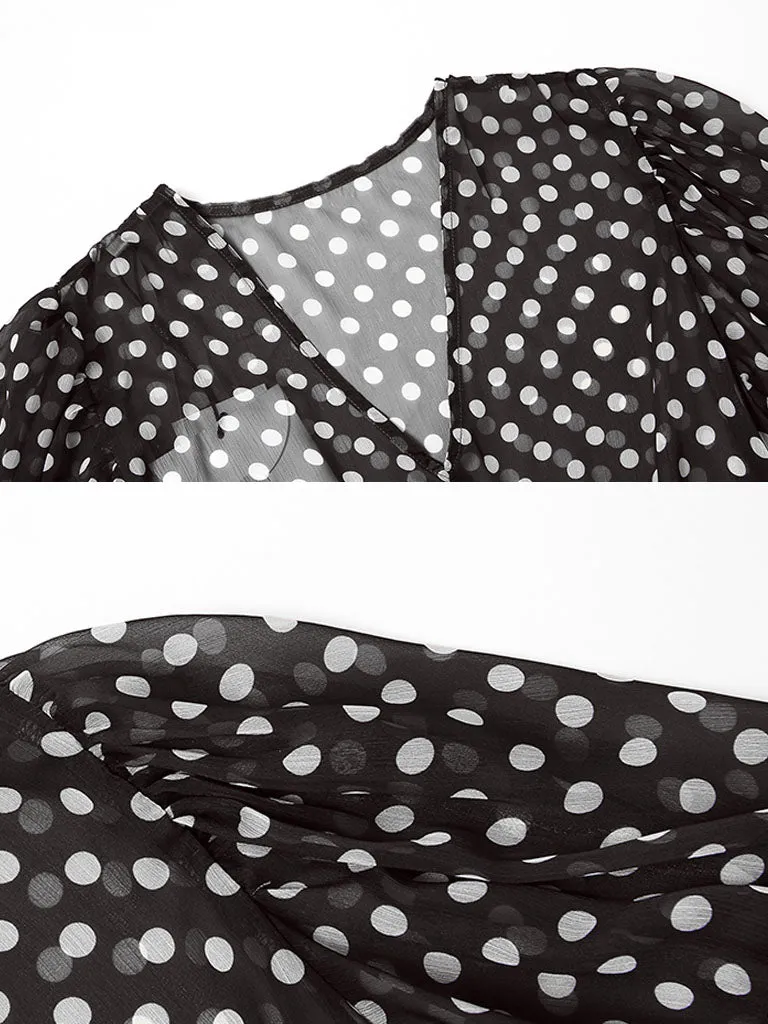 Black Polka Dots V Neck Vintage Style Ruffles Dress