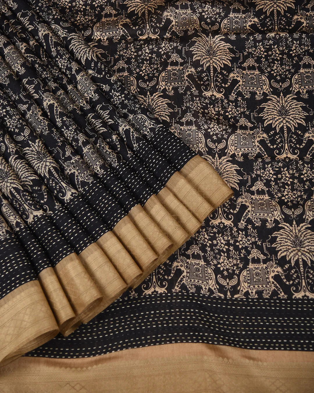 Black Pure Handloom Silk Embroidered Saree With Contrast Tussar Silk Blouse