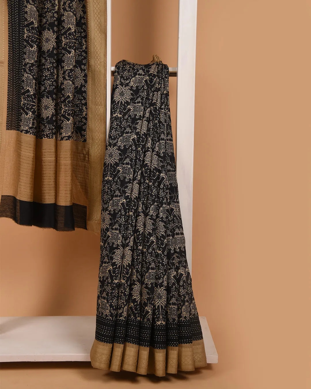 Black Pure Handloom Silk Embroidered Saree With Contrast Tussar Silk Blouse