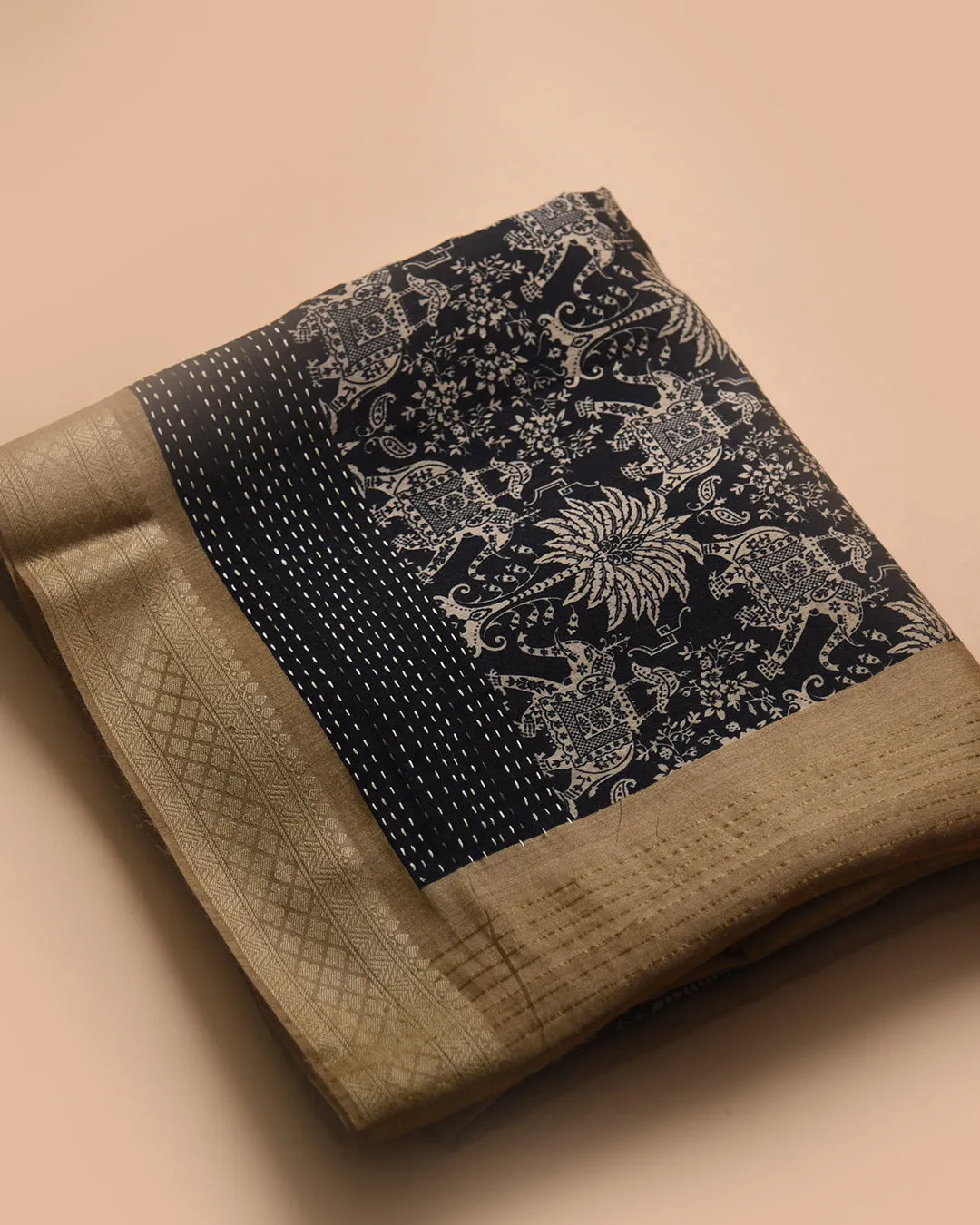 Black Pure Handloom Silk Embroidered Saree With Contrast Tussar Silk Blouse