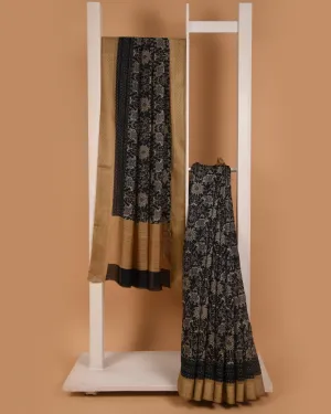 Black Pure Handloom Silk Embroidered Saree With Contrast Tussar Silk Blouse
