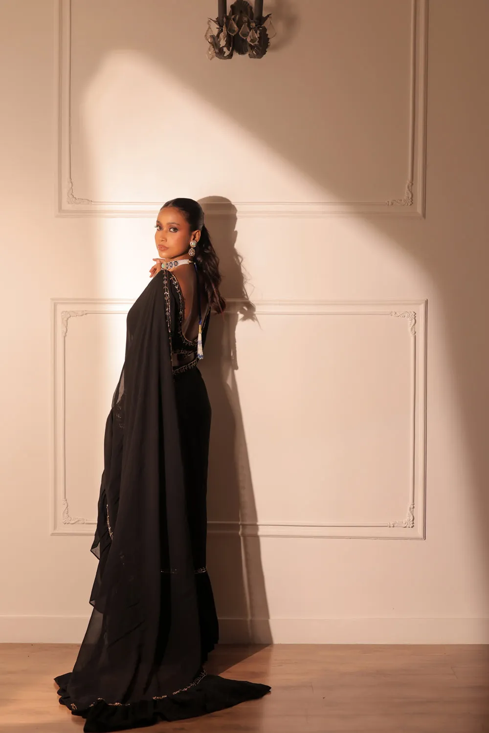 Black Ruffle Drape Saree And Blouse With Belt