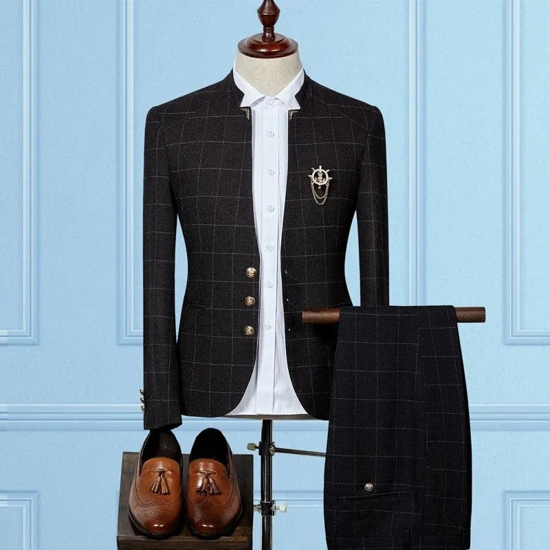 Black Slim Sit Plaid Classic Two Pieces Men Suits Online