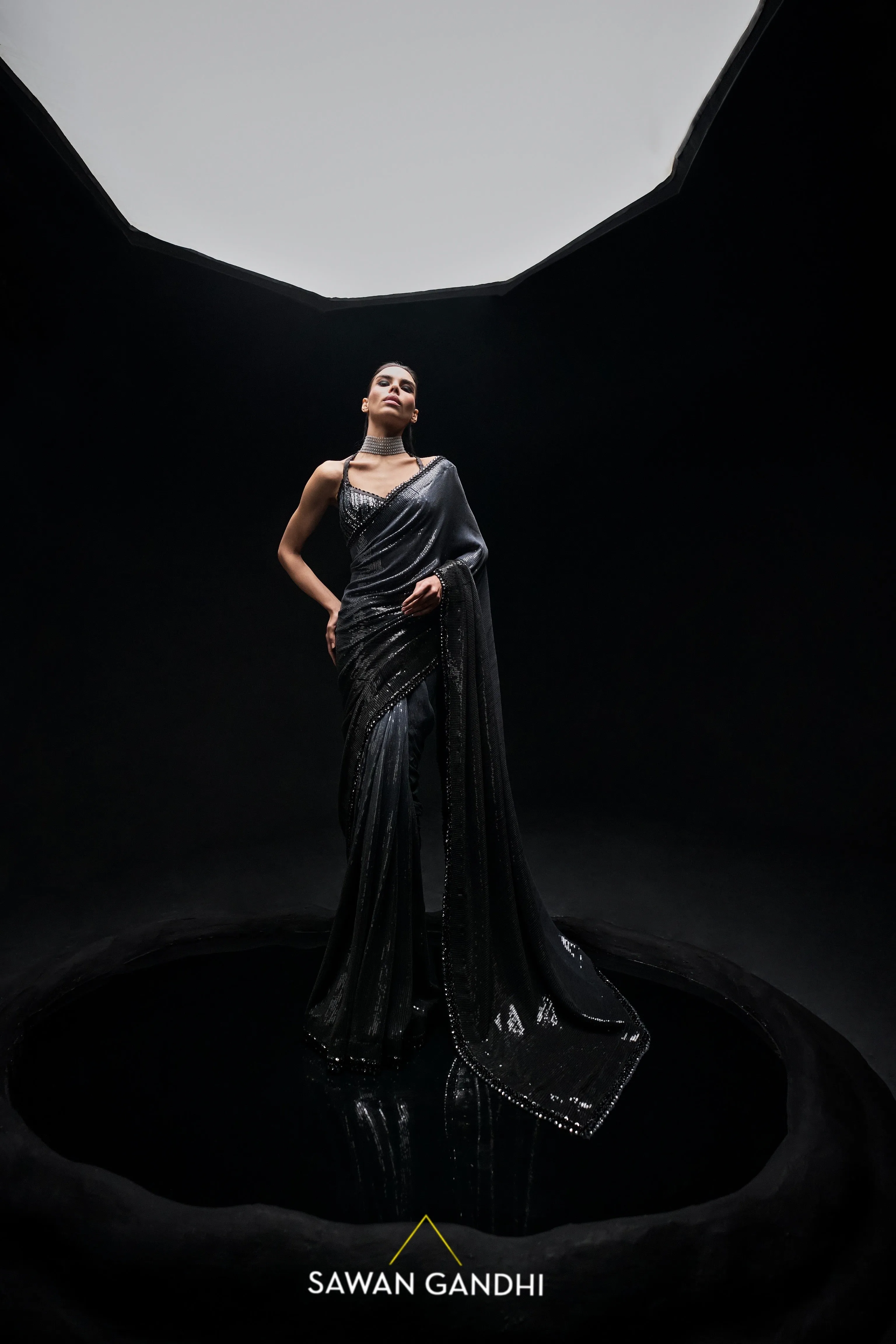 Black to grey ombre sequins saree