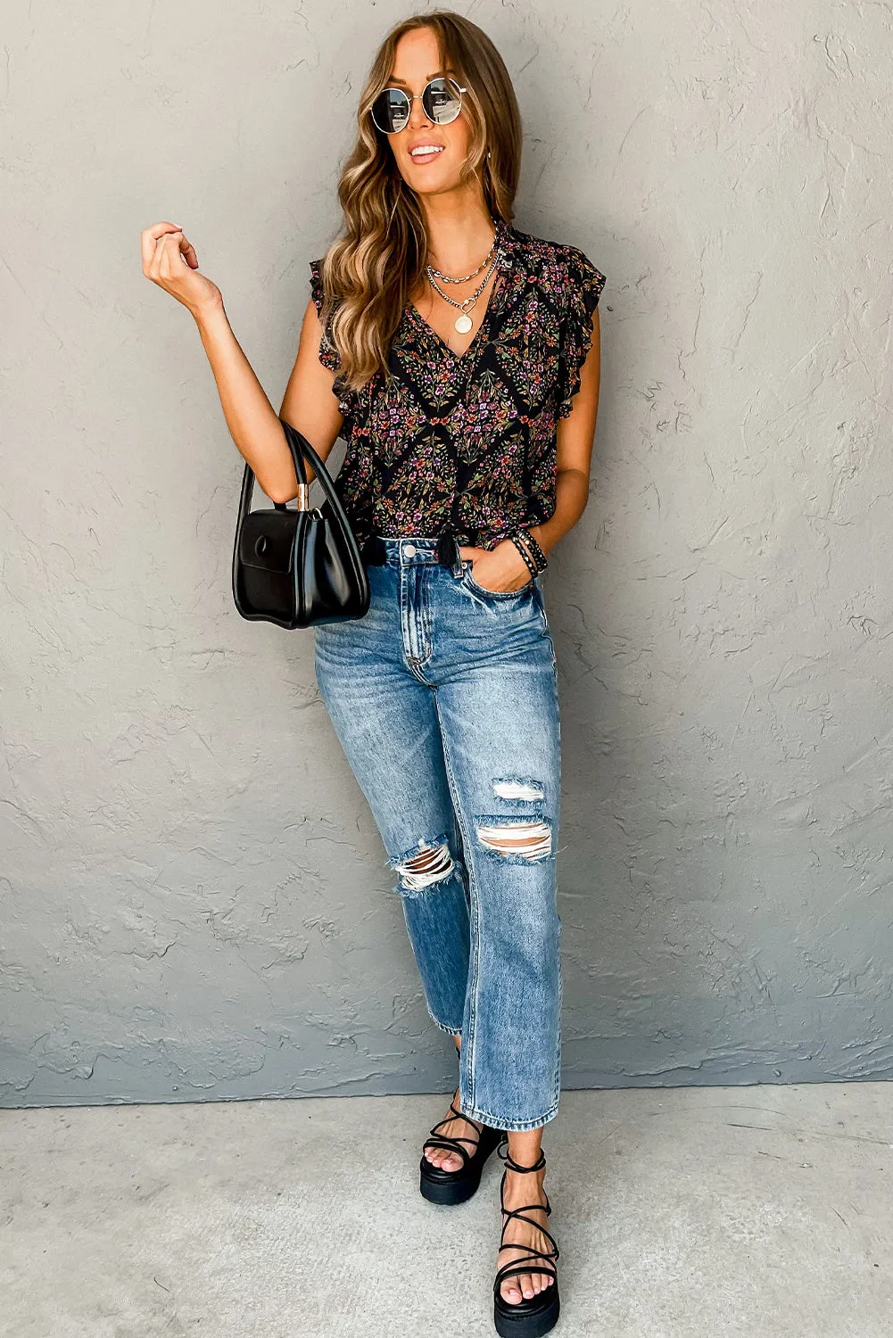 Black Vintage Floral Ruffle Sleeve V Neck Tasseled Blouse
