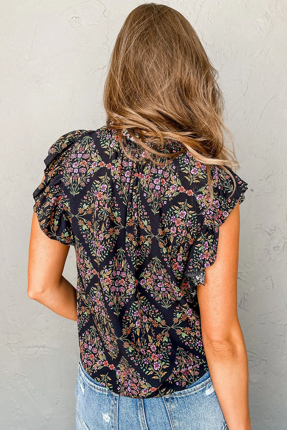 Black Vintage Floral Ruffle Sleeve V Neck Tasseled Blouse