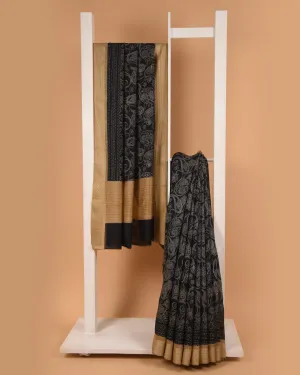 Black With Beige Pure Handloom Silk Embroidered Saree With Contrast Handloom Silk Blouse