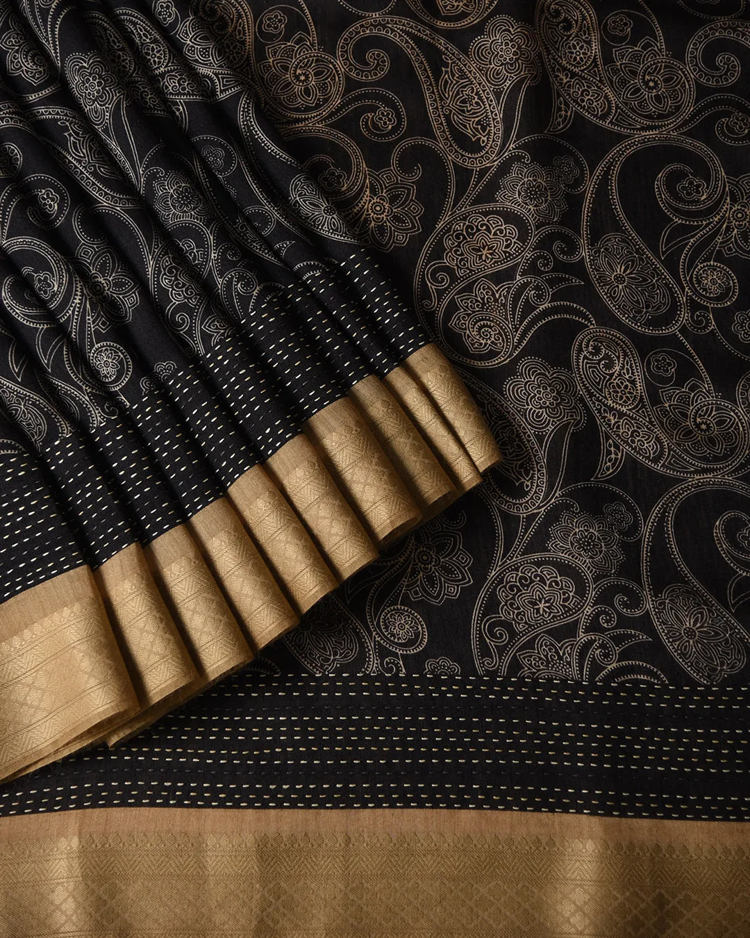 Black With Beige Pure Handloom Silk Embroidered Saree With Contrast Handloom Silk Blouse