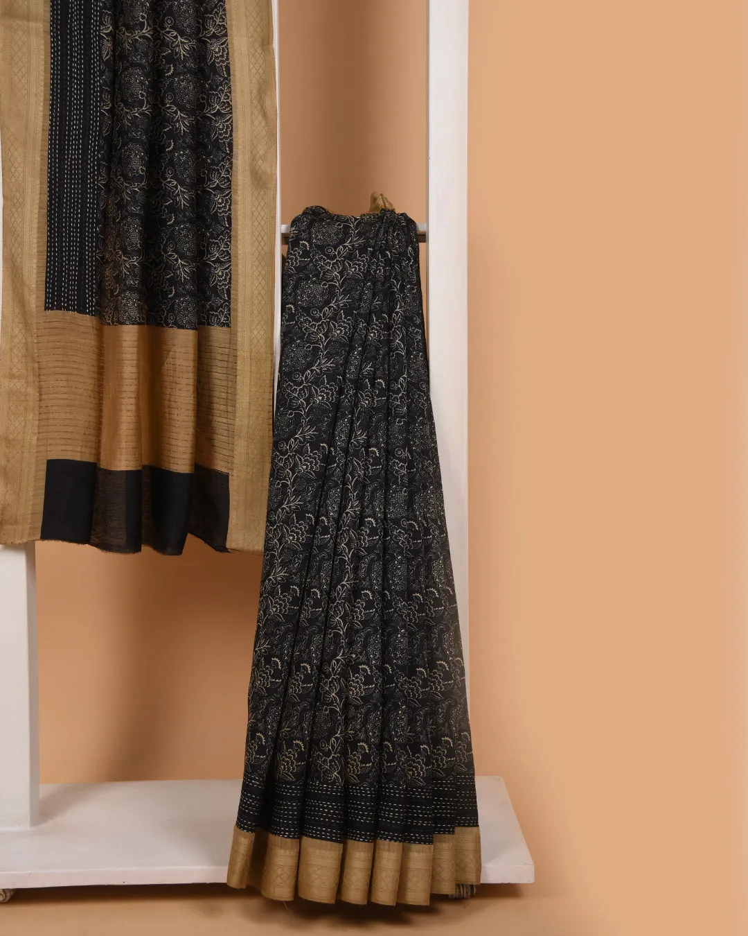 Black With Beige Pure Handloom Silk Embroidered Saree With Contrast Tussar Silk Blouse