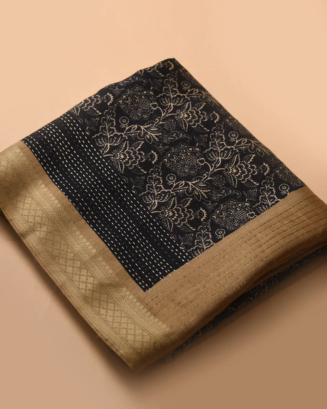 Black With Beige Pure Handloom Silk Embroidered Saree With Contrast Tussar Silk Blouse