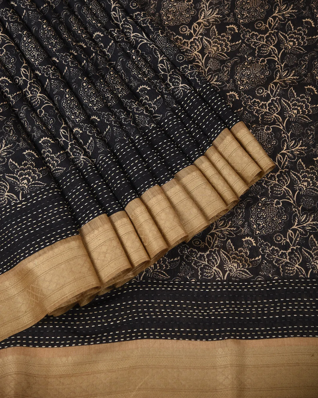 Black With Beige Pure Handloom Silk Embroidered Saree With Contrast Tussar Silk Blouse