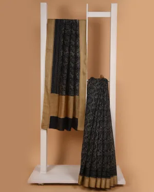 Black With Beige Pure Handloom Silk Embroidered Saree With Contrast Tussar Silk Blouse