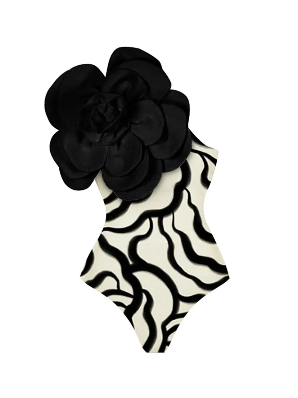 Black Zebra Print One Shoulder Flower Swimsuit With Bathing Suit Warp Skirt