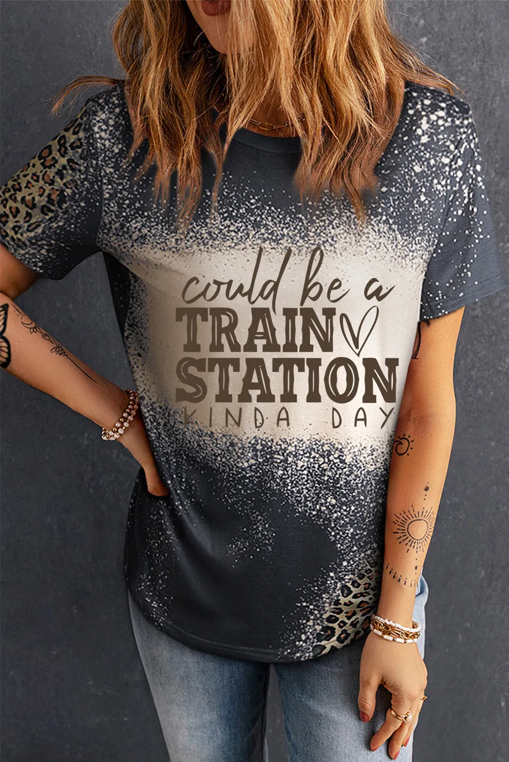 Blank Apparel - Gray Blank Graphic Leopard Detail Bleached T Shirt