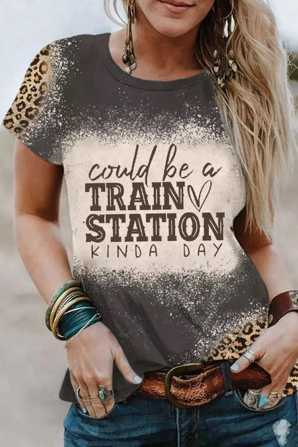 Blank Apparel - Gray Blank Graphic Leopard Detail Bleached T Shirt