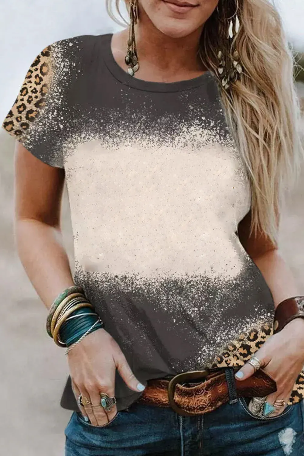 Blank Apparel - Gray Blank Graphic Leopard Detail Bleached T Shirt