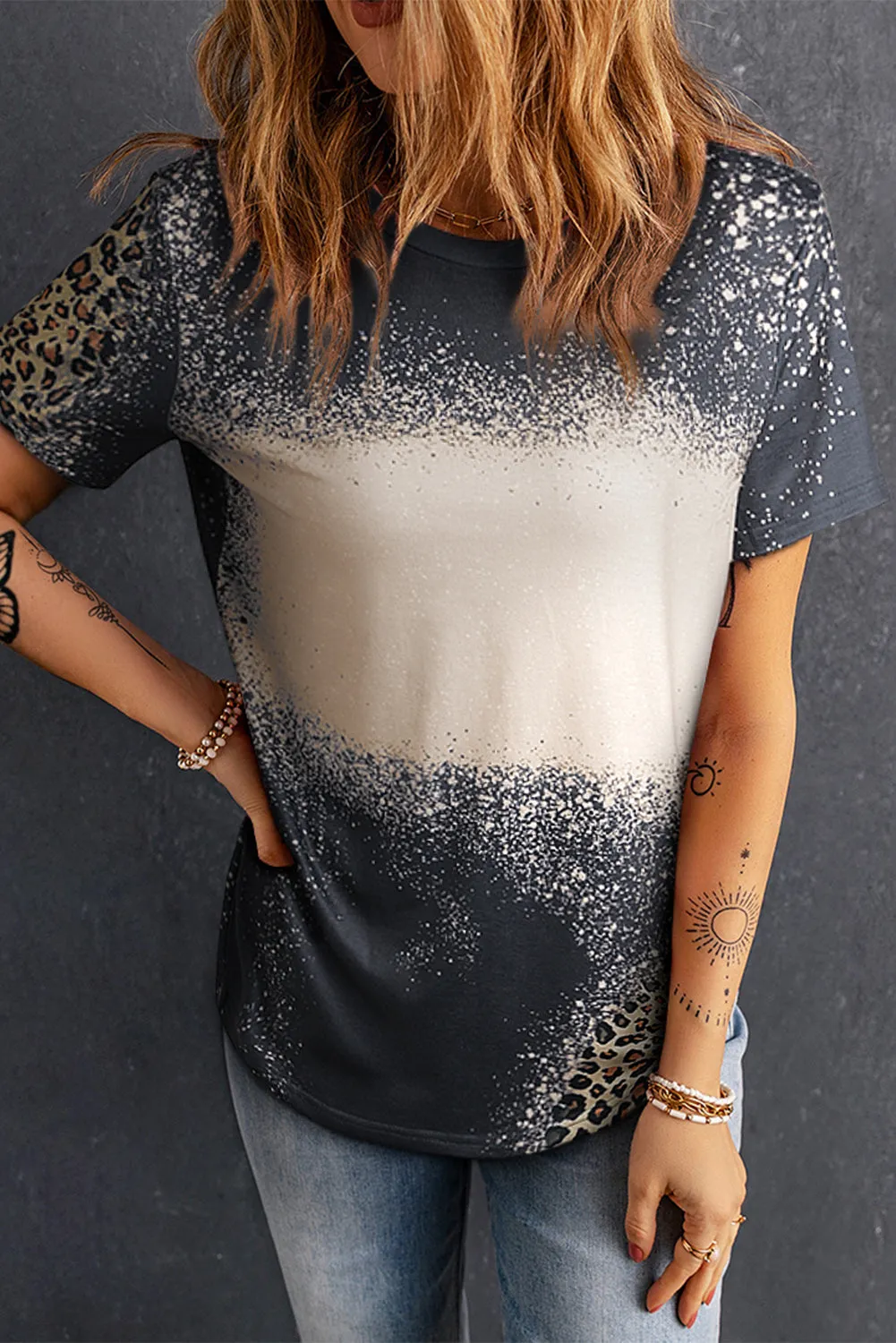 Blank Apparel - Gray Blank Graphic Leopard Detail Bleached T Shirt
