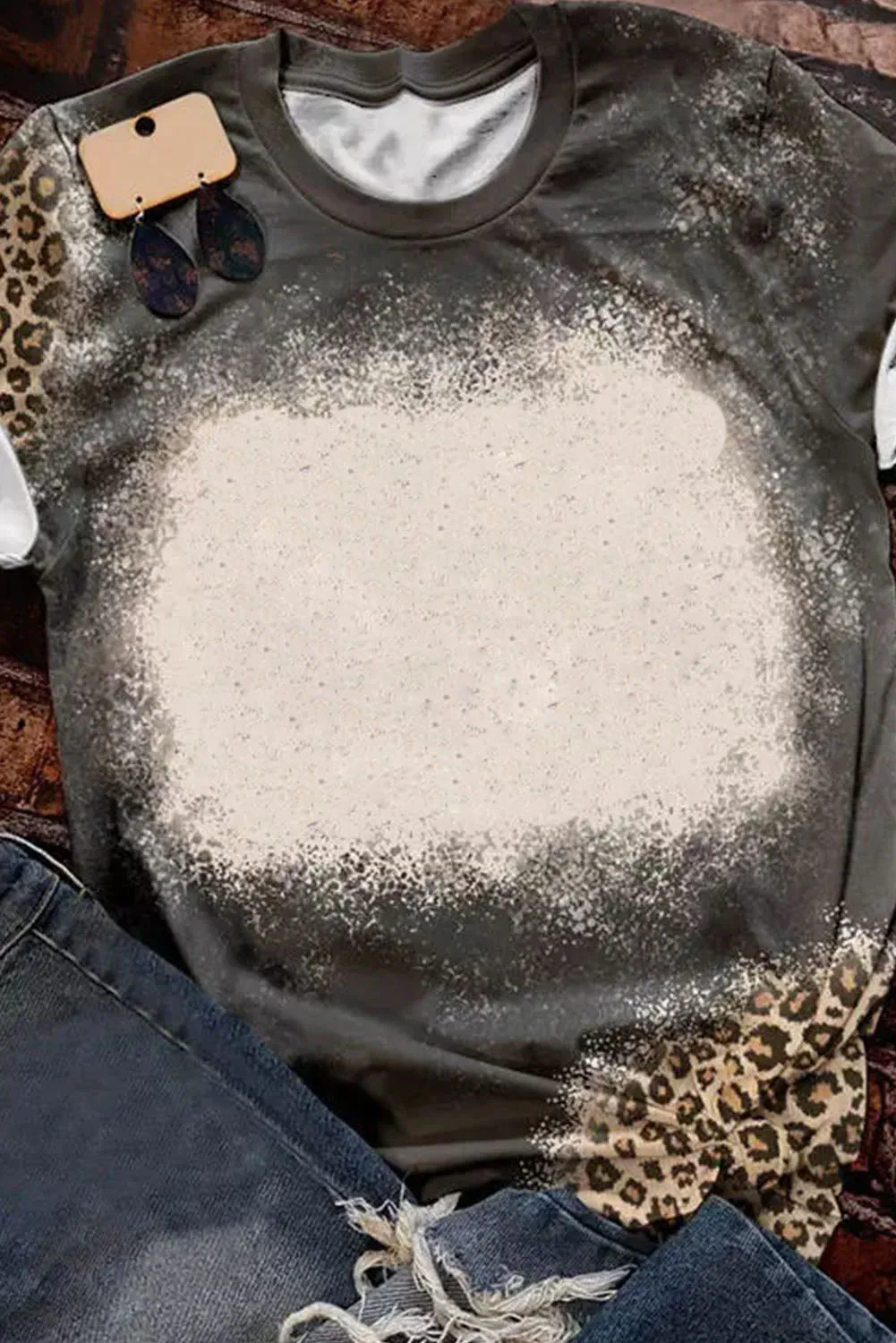Blank Apparel - Gray Blank Graphic Leopard Detail Bleached T Shirt