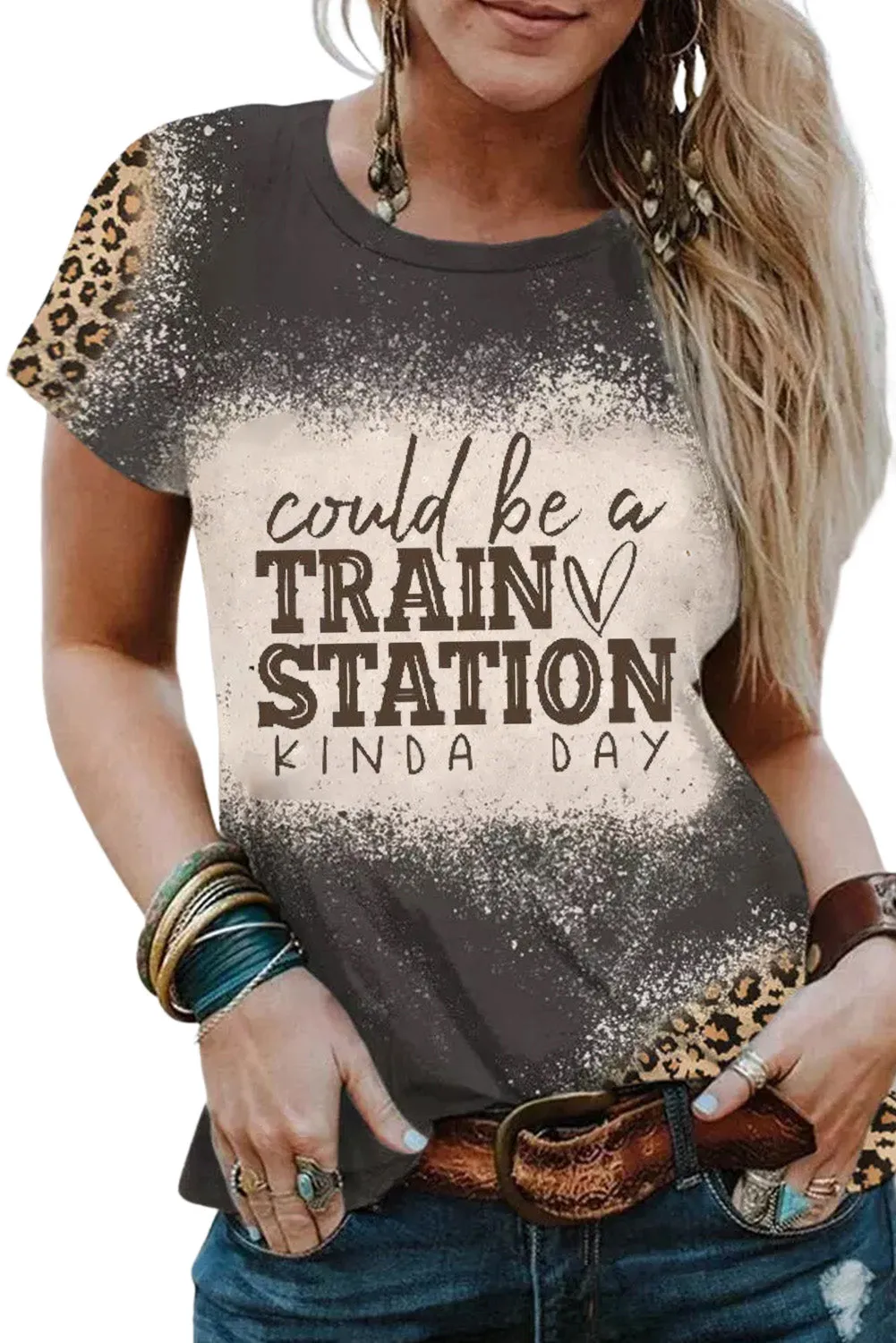 Blank Apparel - Gray Blank Graphic Leopard Detail Bleached T Shirt