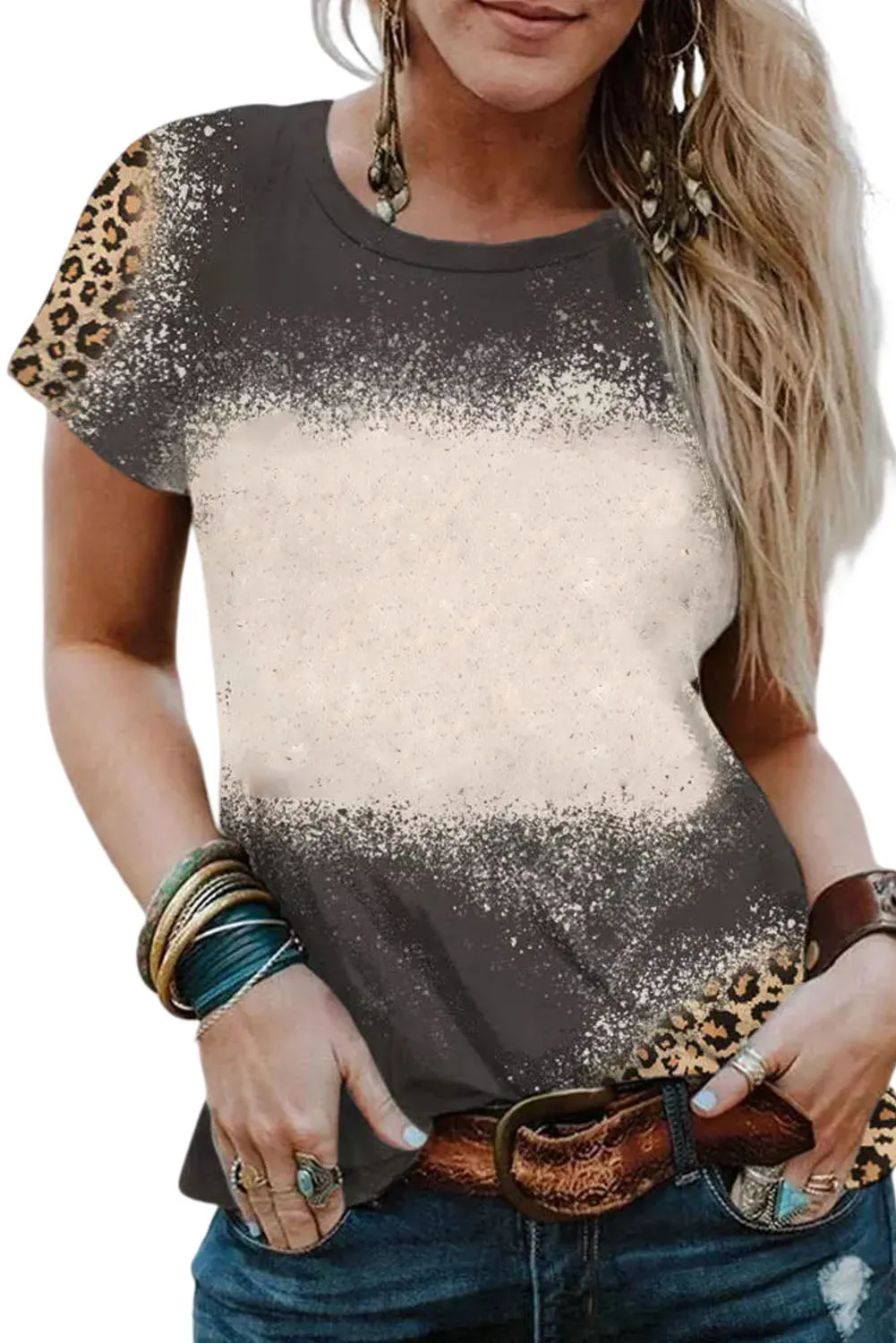 Blank Apparel - Gray Blank Graphic Leopard Detail Bleached T Shirt