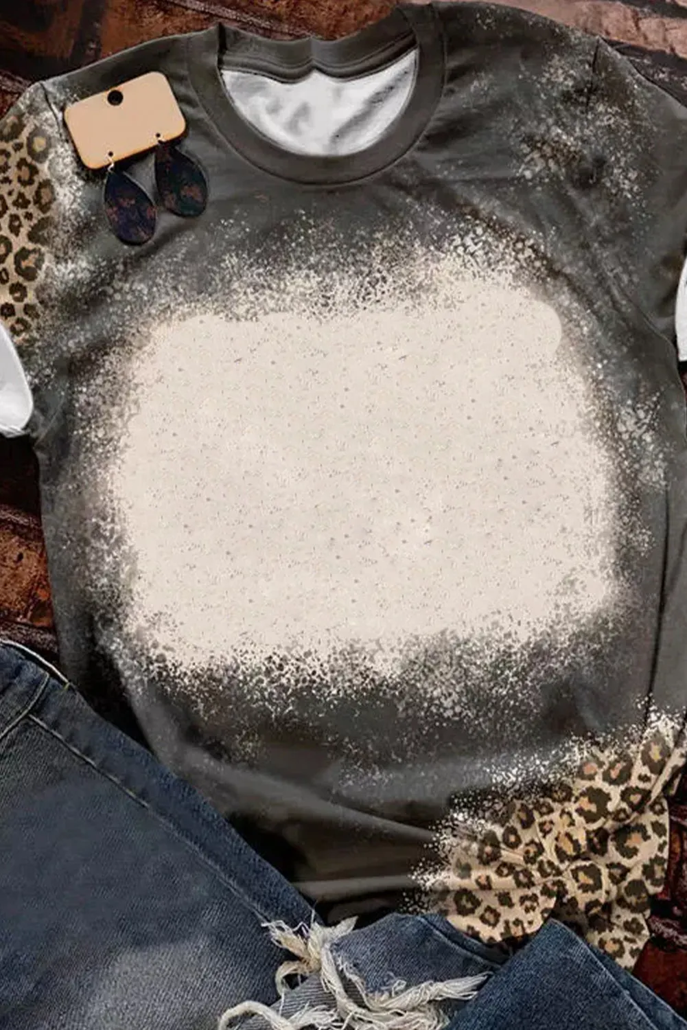 Blank Apparel - Gray Blank Graphic Leopard Detail Bleached T Shirt
