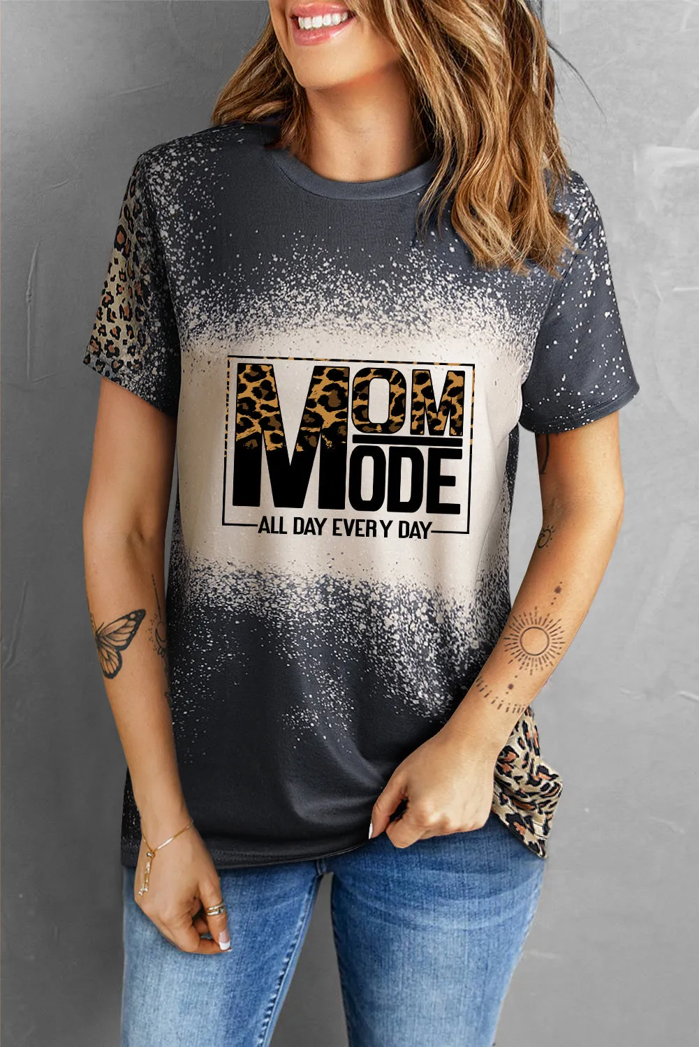 Blank Apparel - Gray Blank Graphic Leopard Detail Bleached T Shirt