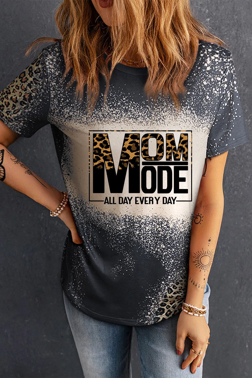 Blank Apparel - Gray Blank Graphic Leopard Detail Bleached T Shirt