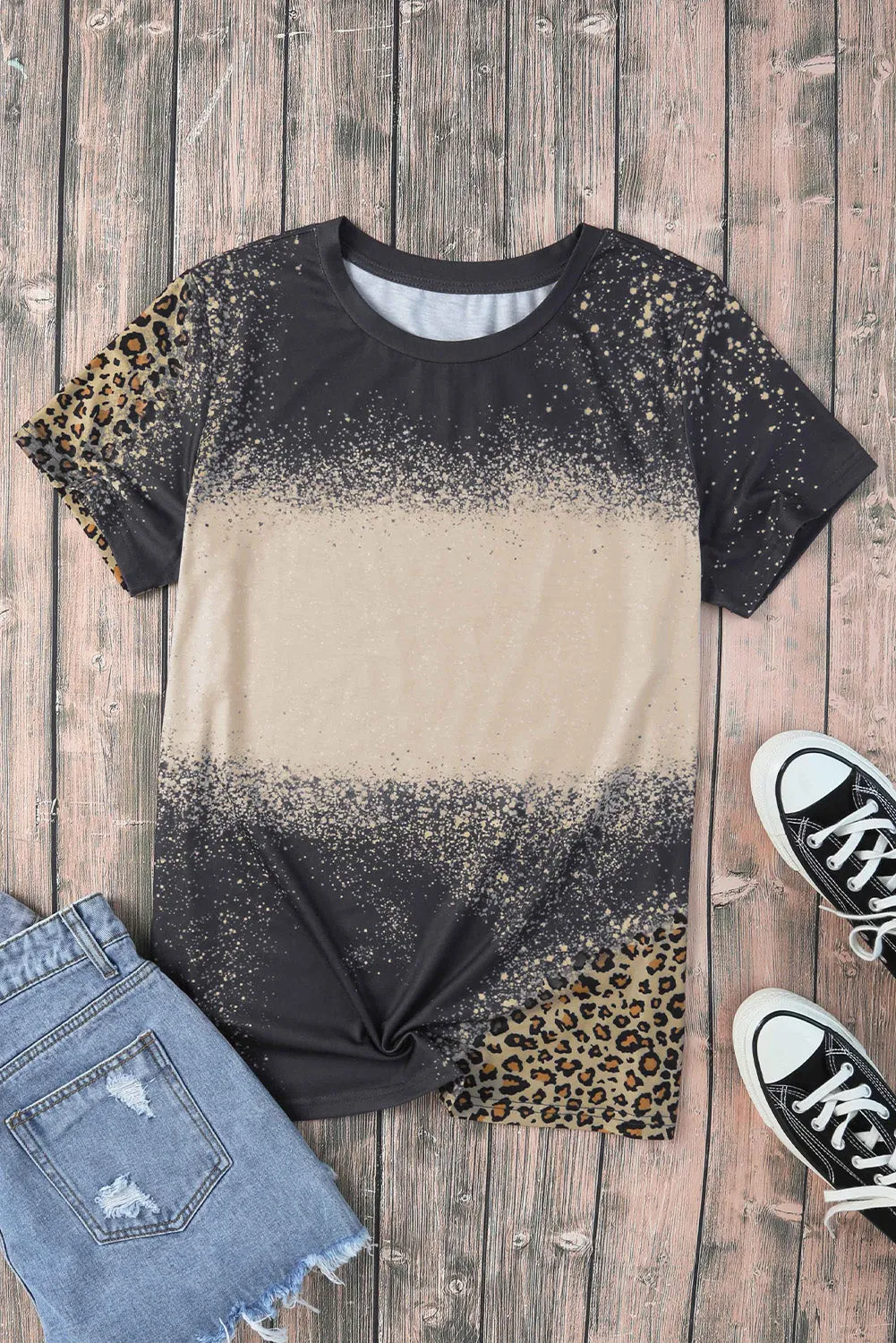 Blank Apparel - Gray Blank Graphic Leopard Detail Bleached T Shirt