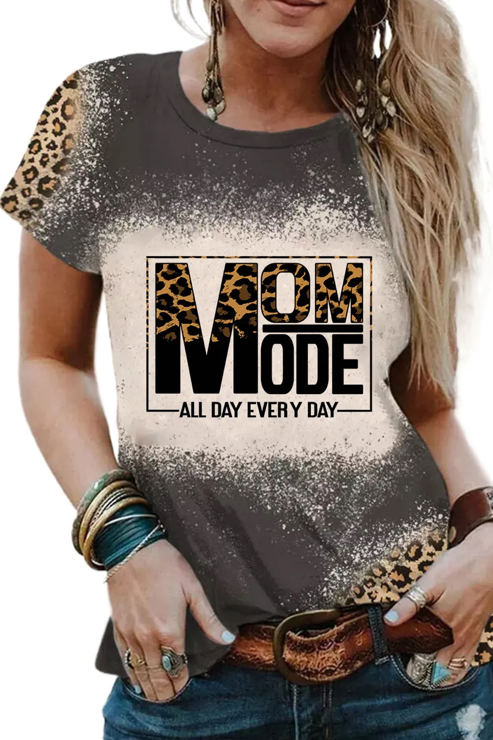 Blank Apparel - Gray Blank Graphic Leopard Detail Bleached T Shirt