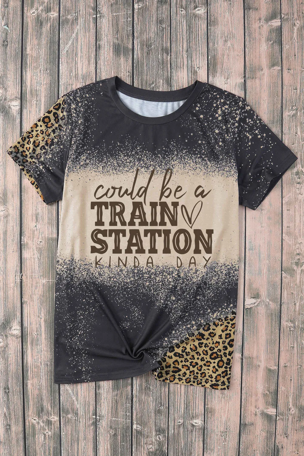 Blank Apparel - Gray Blank Graphic Leopard Detail Bleached T Shirt