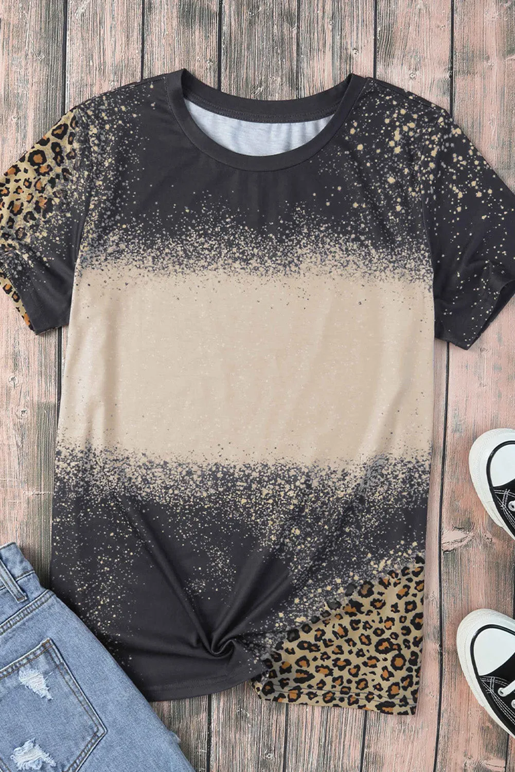 Blank Apparel - Gray Blank Graphic Leopard Detail Bleached T Shirt