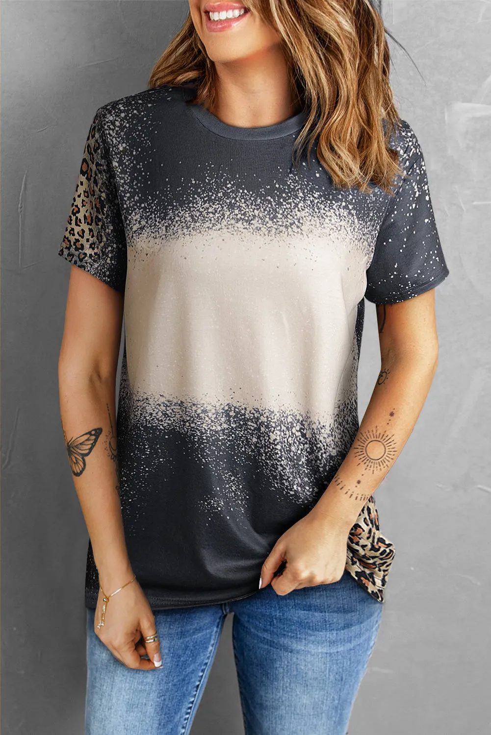Blank Apparel - Gray Blank Graphic Leopard Detail Bleached T Shirt