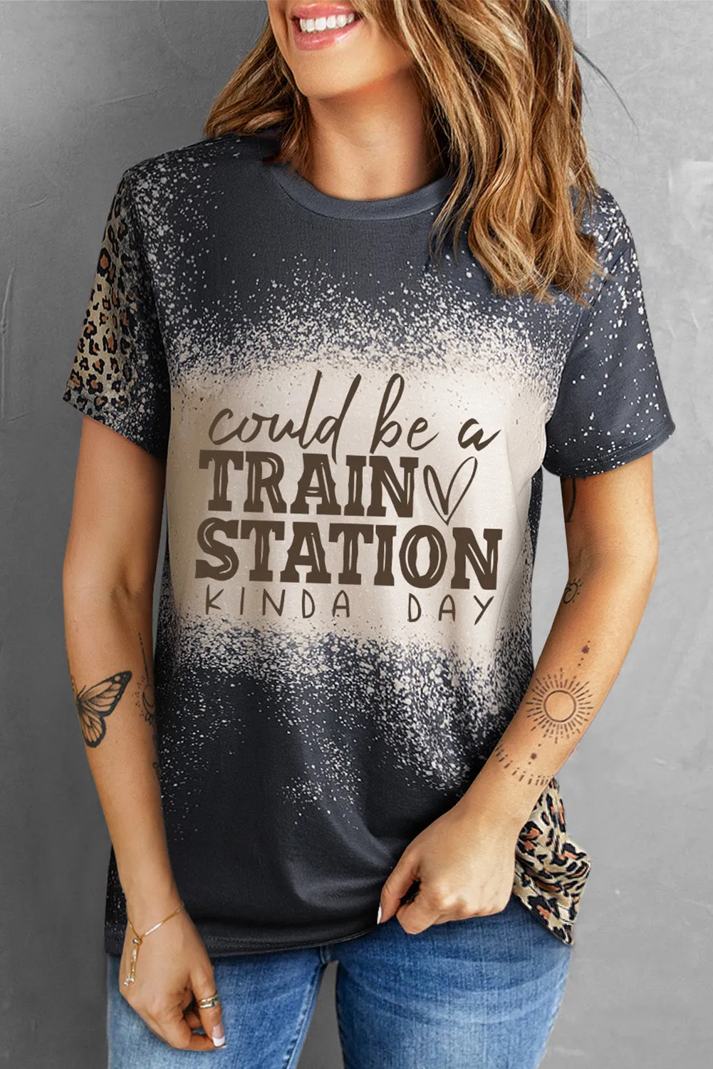 Blank Apparel - Gray Blank Graphic Leopard Detail Bleached T Shirt