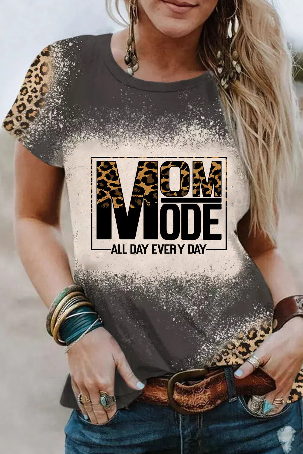 Blank Apparel - Gray Blank Graphic Leopard Detail Bleached T Shirt