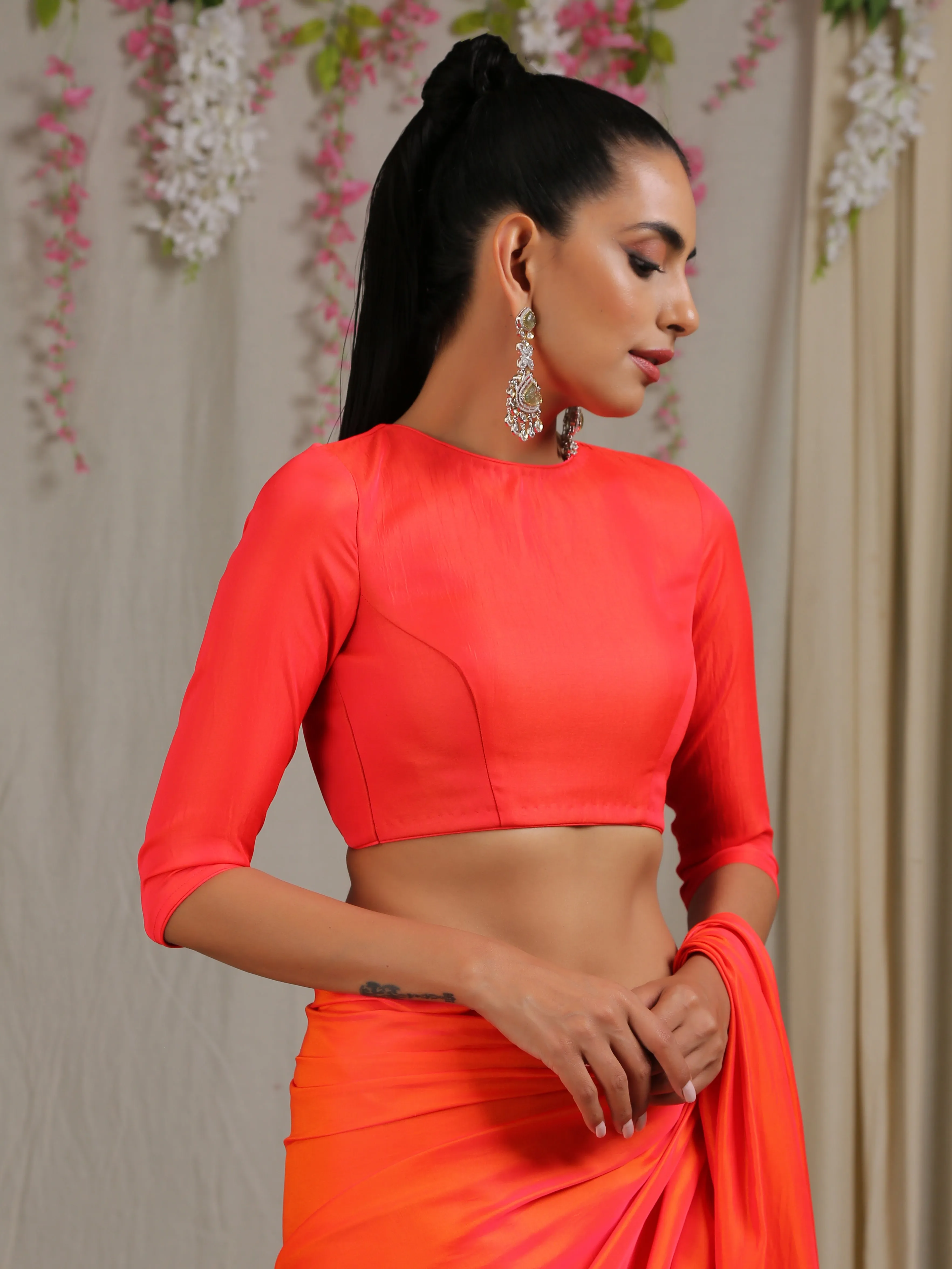 Blouse -Pink & Orange Paradise Satin 3/4th Sleeve