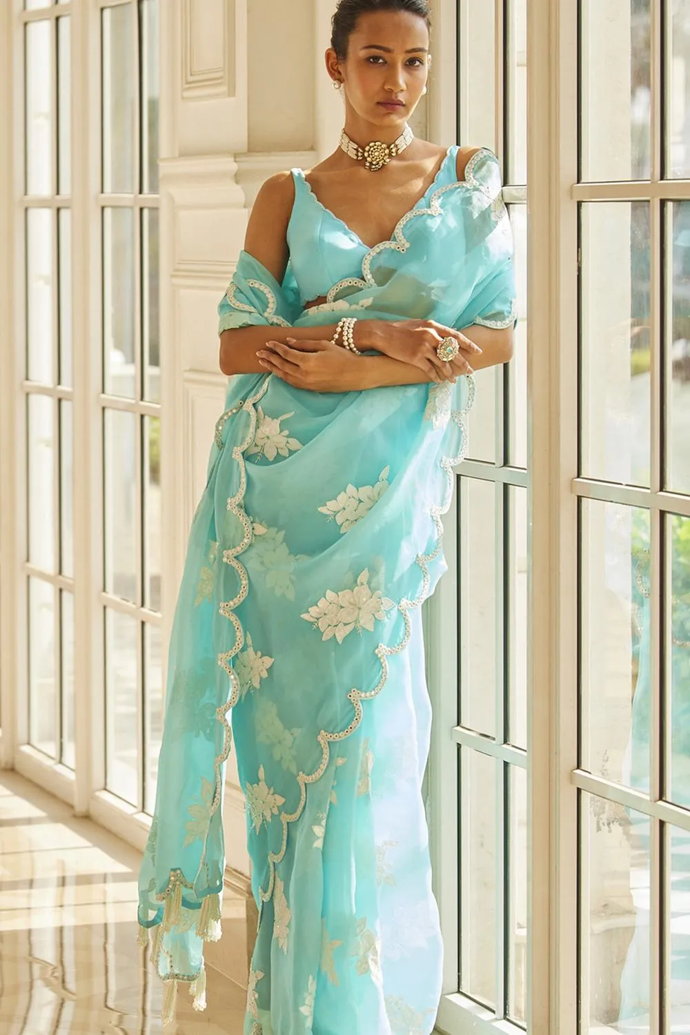 Blue Flower Saree Set