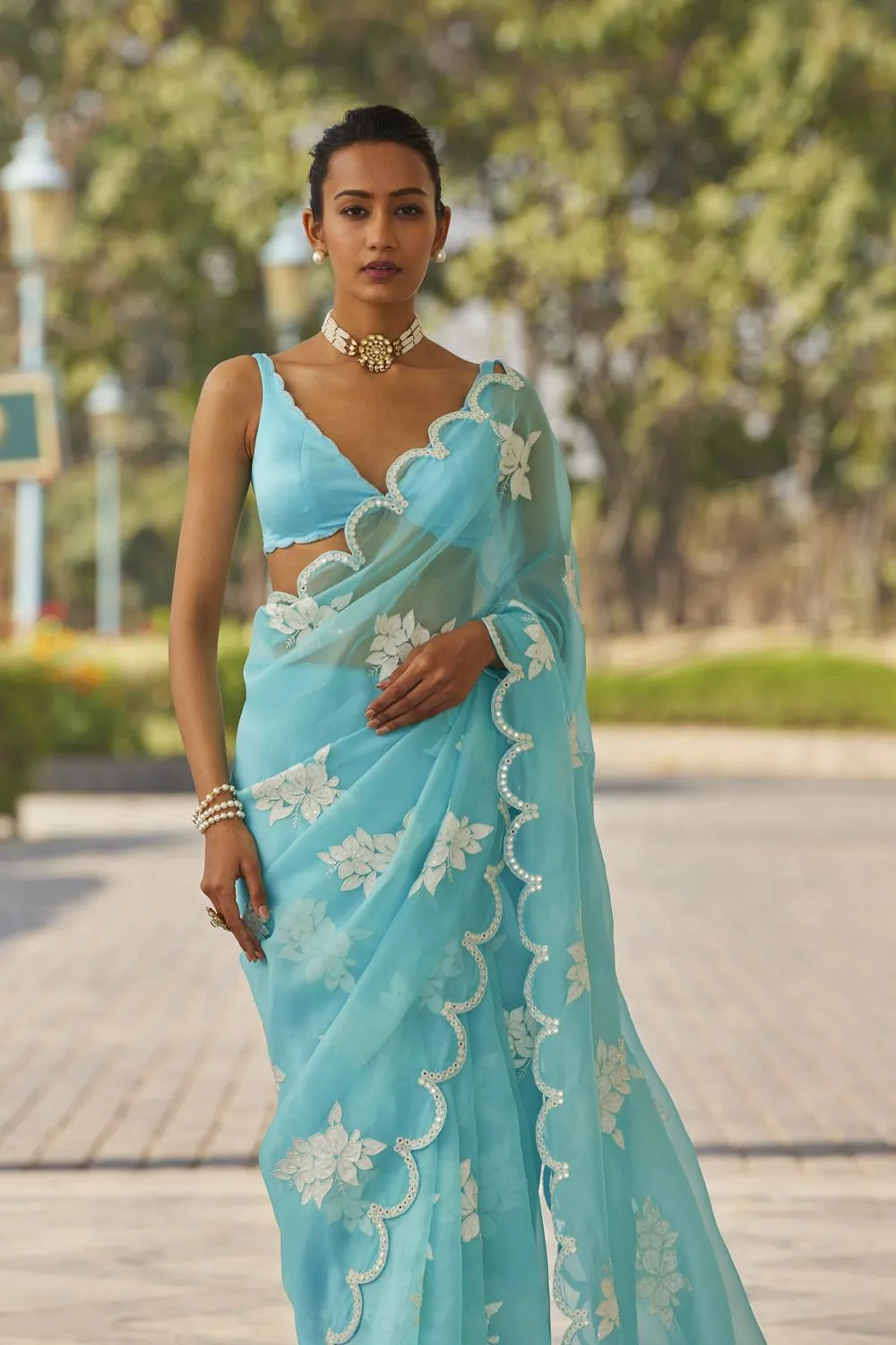 Blue Flower Saree Set