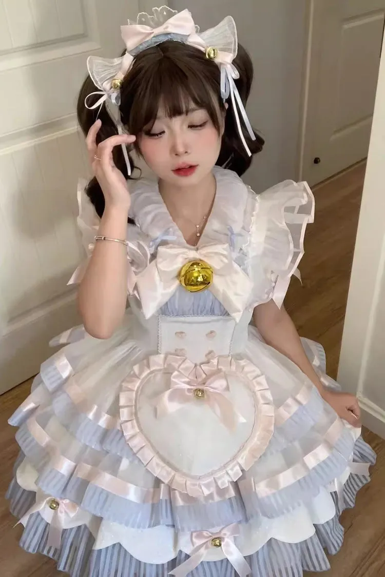 Blue Magical Girl Multi-layer Ruffle Bowknot Bell Maid Sweet Lolita Dress Full Set