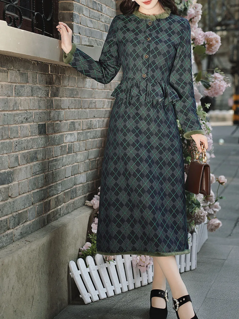 Blue Maisel Style Long Sleeve Retro Diamond Plaid Coat and Skirt Vintage Suit For Women