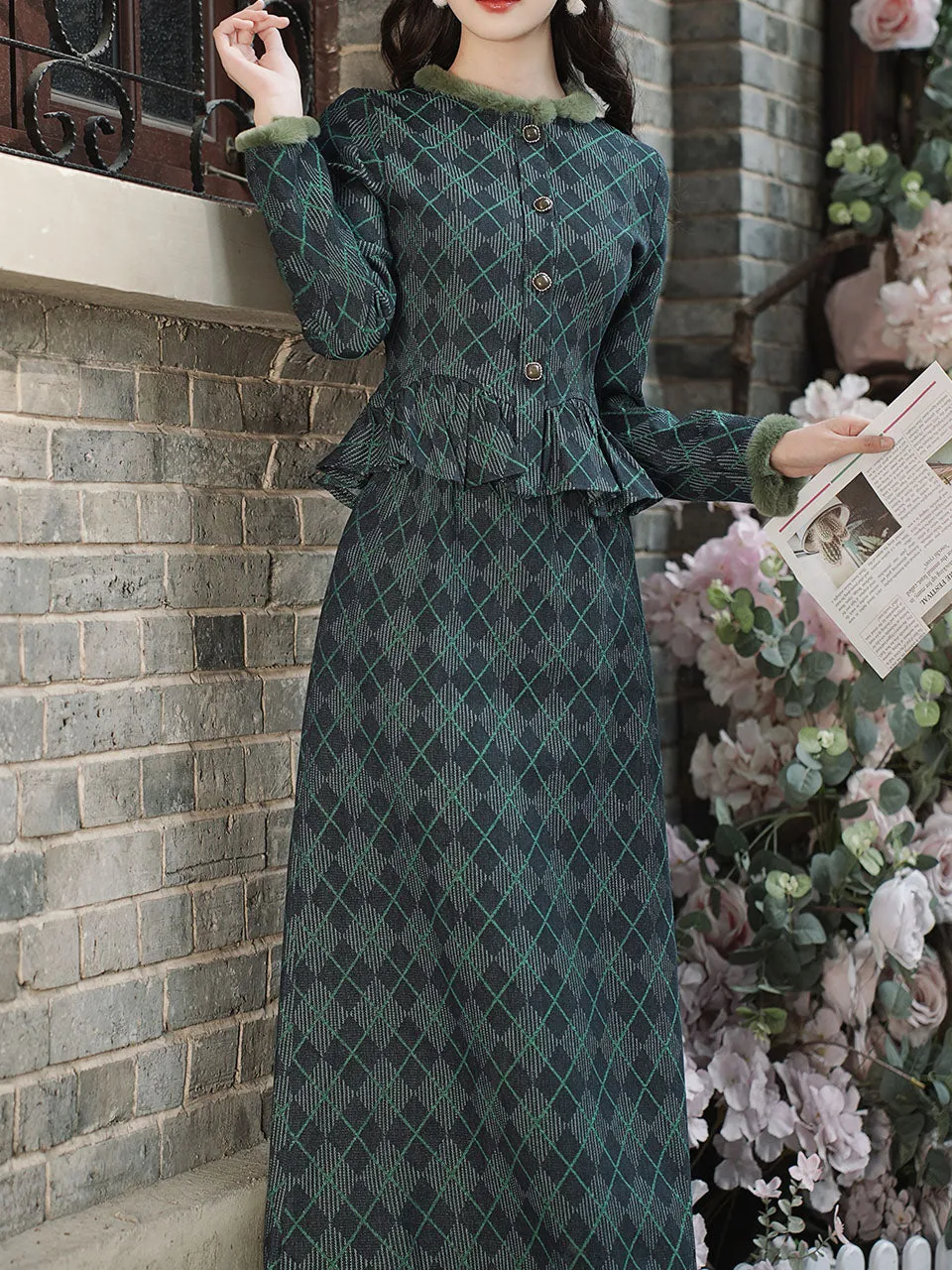 Blue Maisel Style Long Sleeve Retro Diamond Plaid Coat and Skirt Vintage Suit For Women