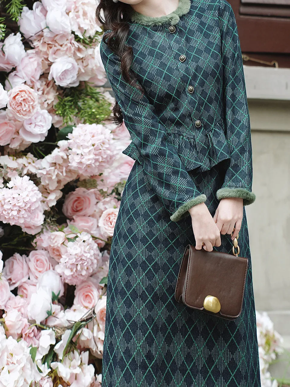Blue Maisel Style Long Sleeve Retro Diamond Plaid Coat and Skirt Vintage Suit For Women