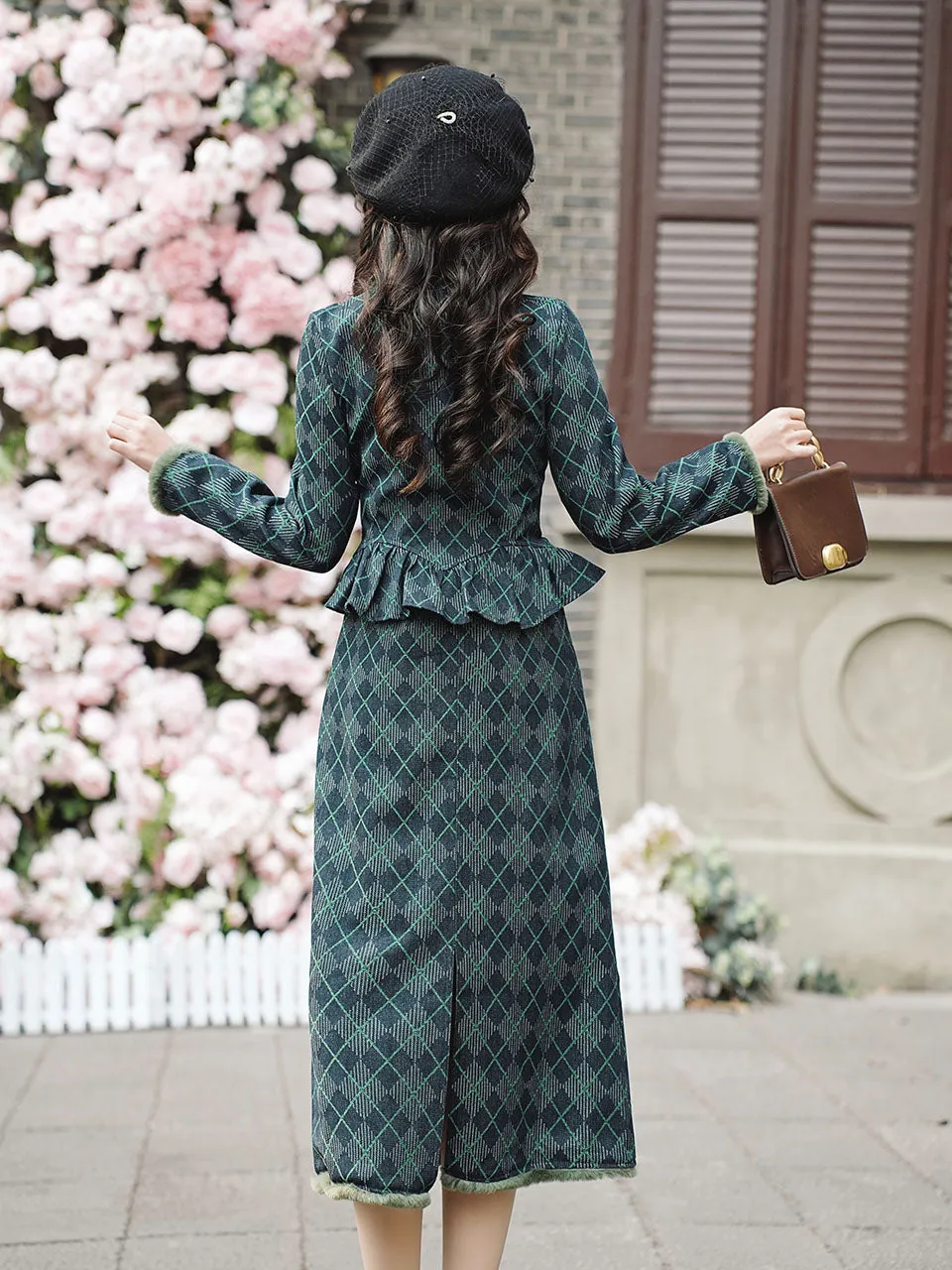 Blue Maisel Style Long Sleeve Retro Diamond Plaid Coat and Skirt Vintage Suit For Women