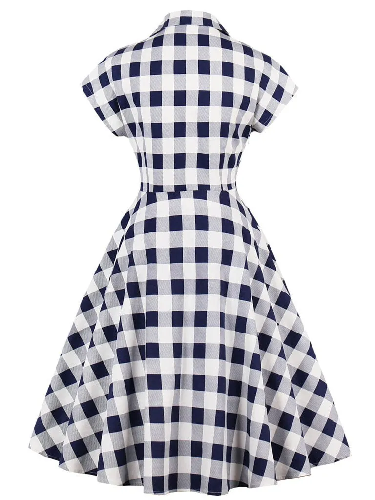 Blue White 1950s Pockets Plaid Dress