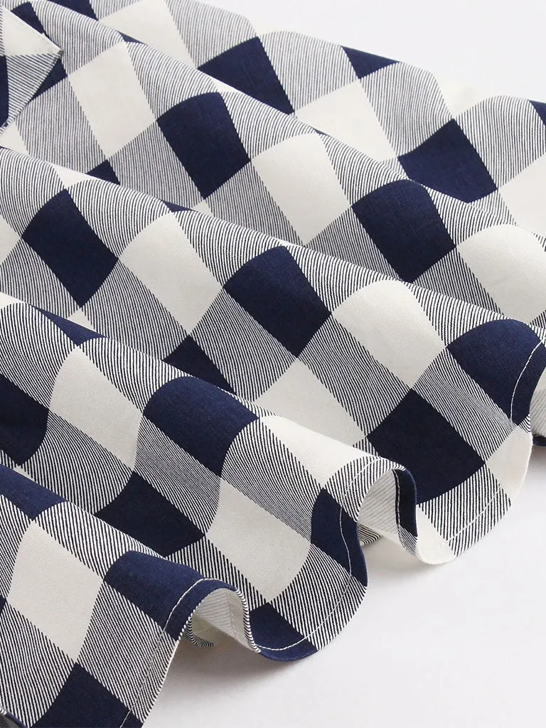 Blue White 1950s Pockets Plaid Dress