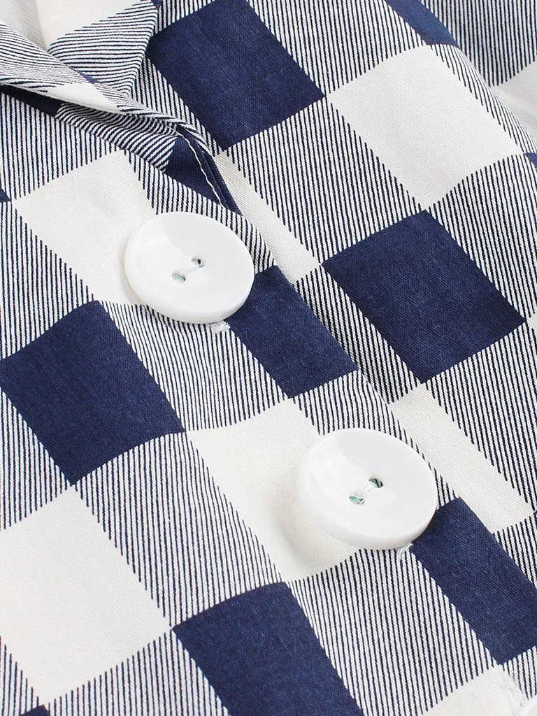 Blue White 1950s Pockets Plaid Dress