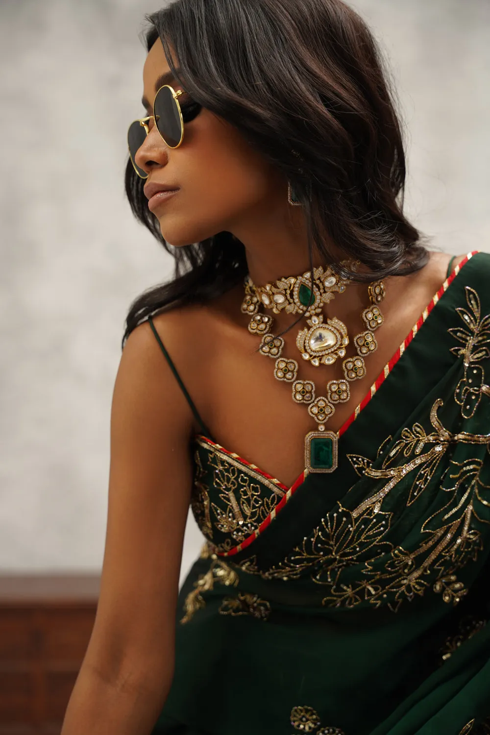 Bottle Green Embroidered Saree Set