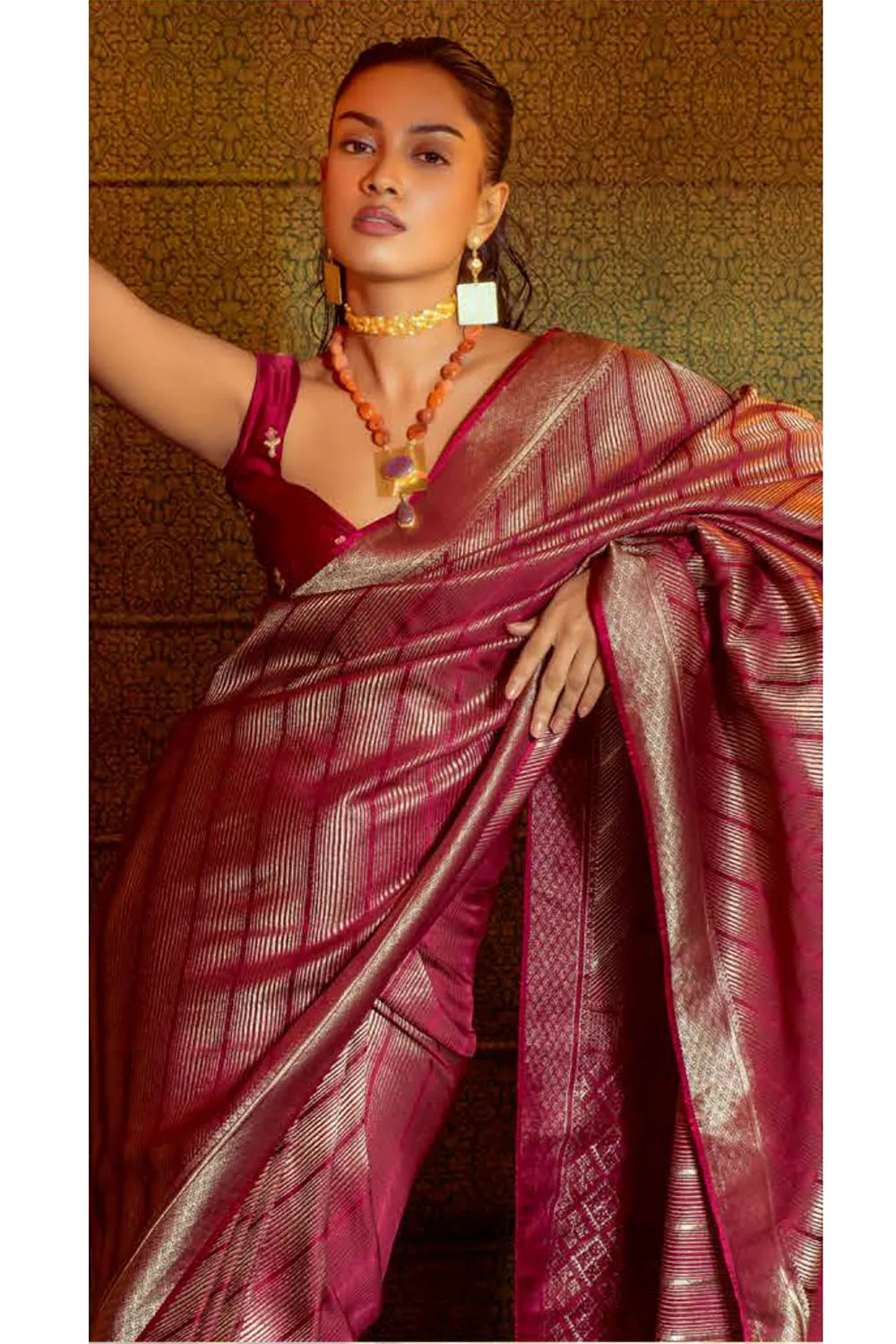 Brick Pink Colour Satin Kanjivaram Silk Saree With Matching Blouse