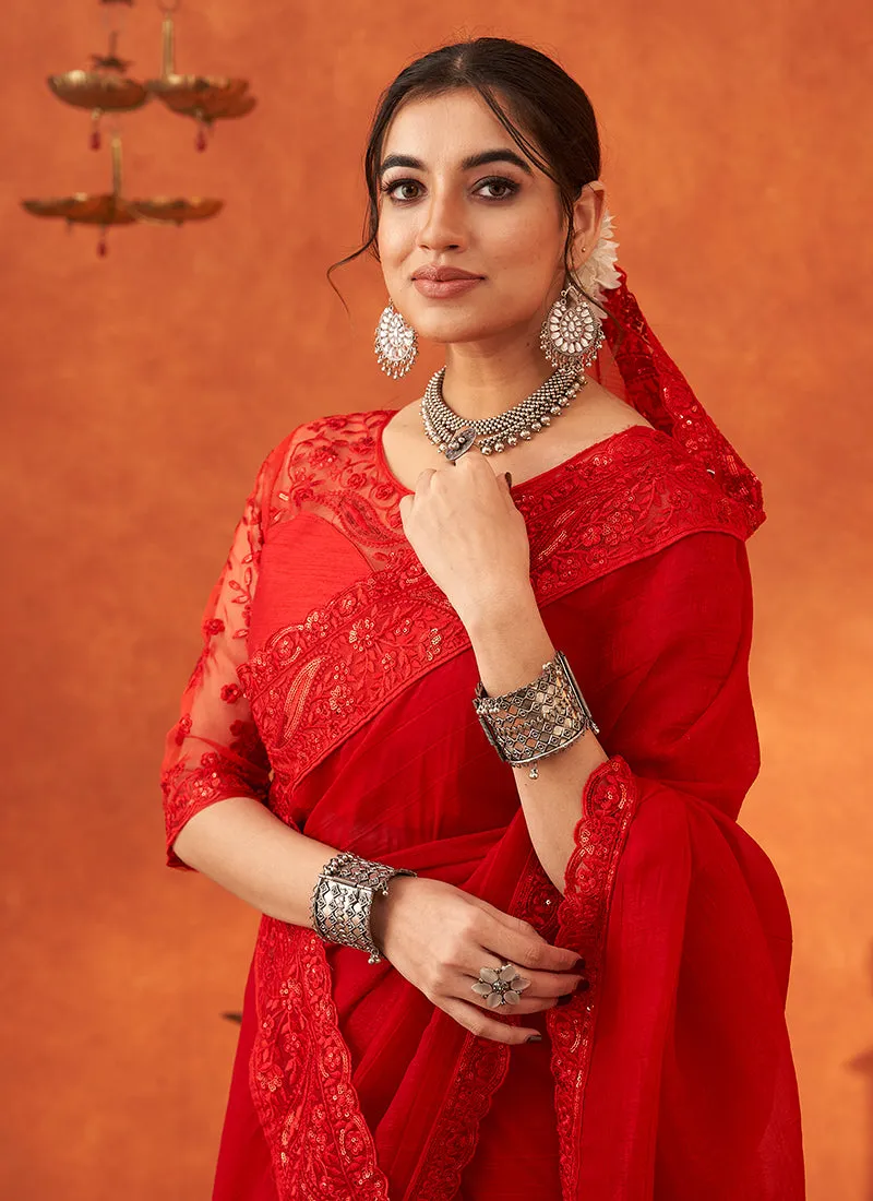 Bridal Red Embroidery Festive Georgette Saree