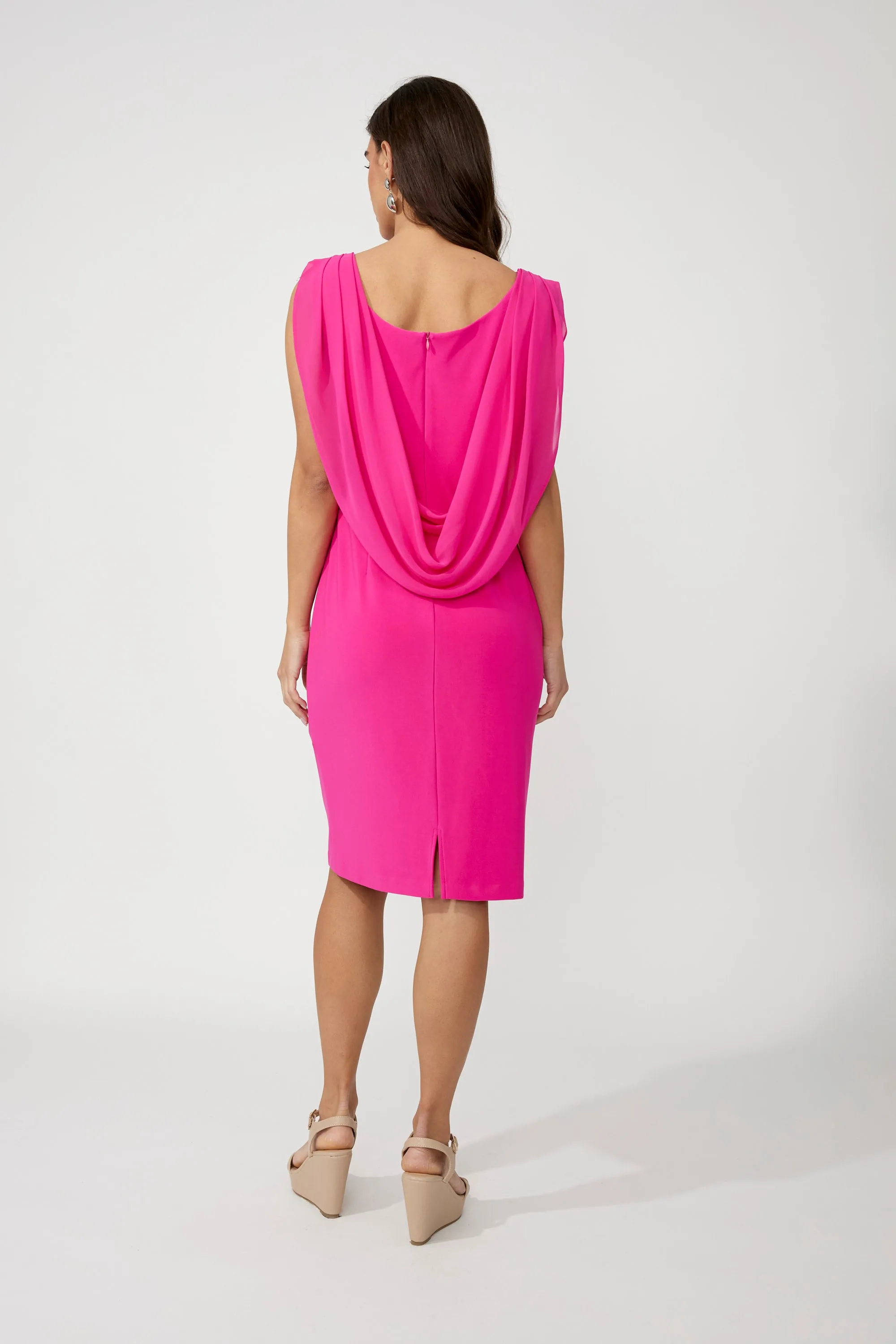Bright Pink Draped Cowl-Neck Knit Dress