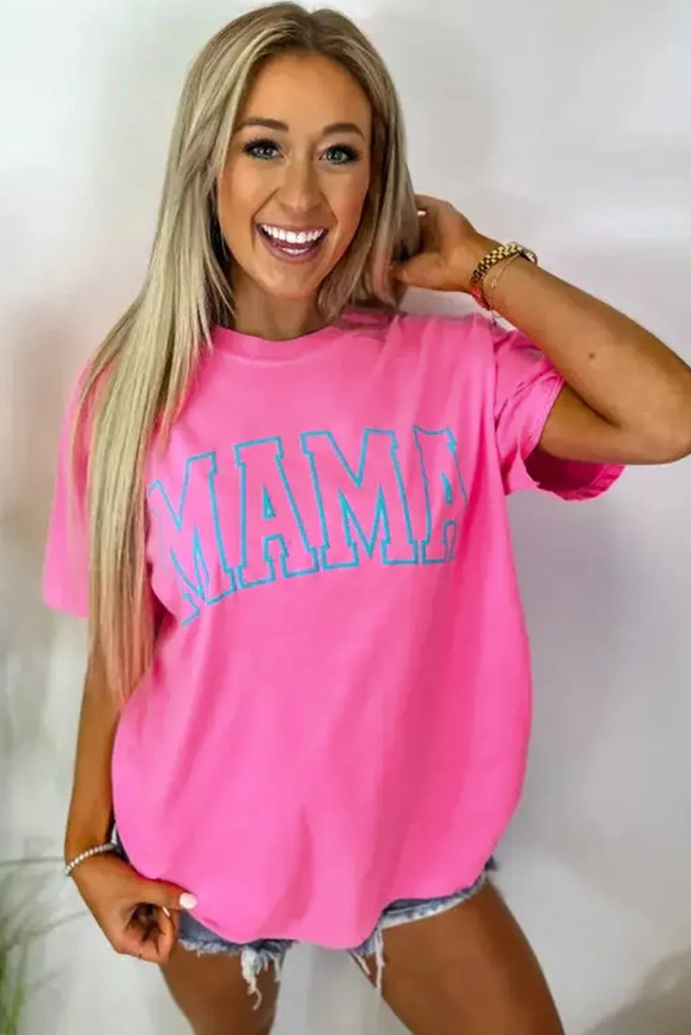 Bright Pink MAMA Letter Graphic Neon T Shirt